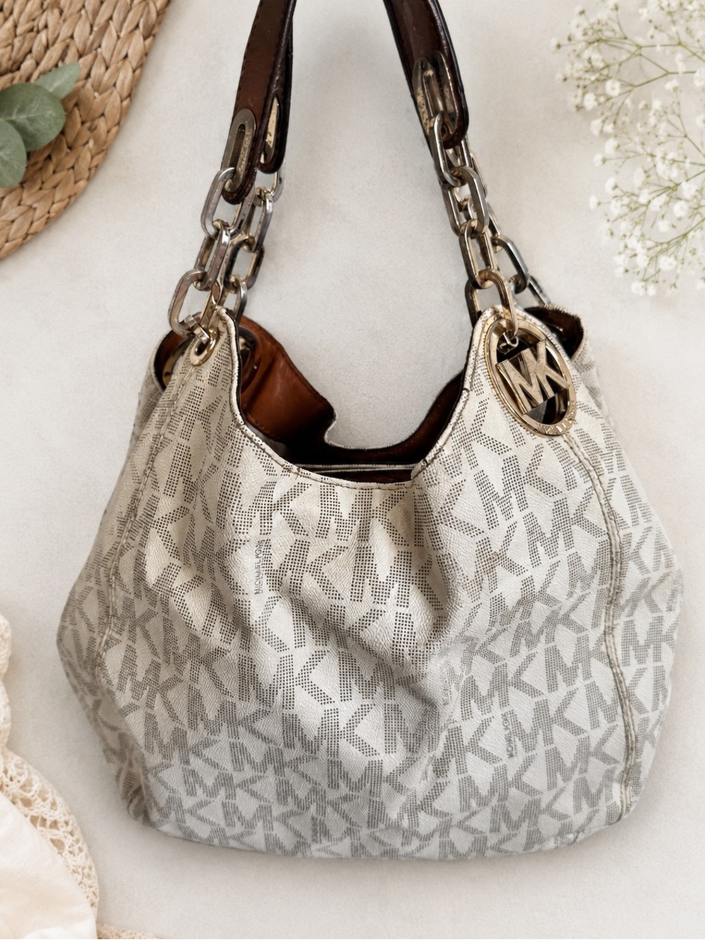 Michael Kors Cream MK Logo Hobo Bag